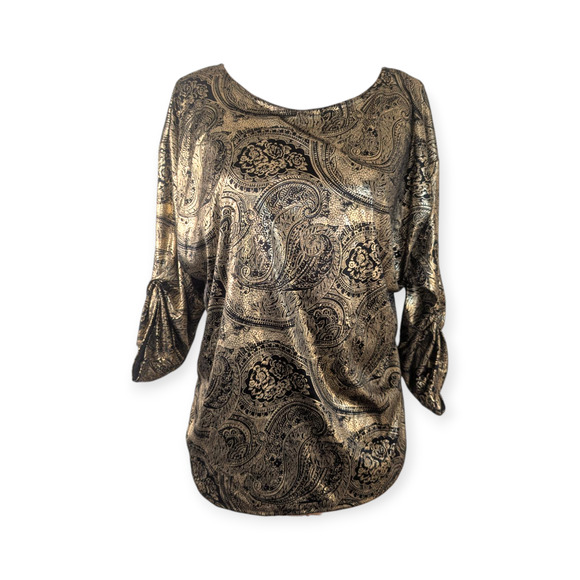 80's Metallic Gold Paisley Oversized Blouse ~ ruched 1/2 Sleeves MIX 'N MINGLE - Picture 2 of 6